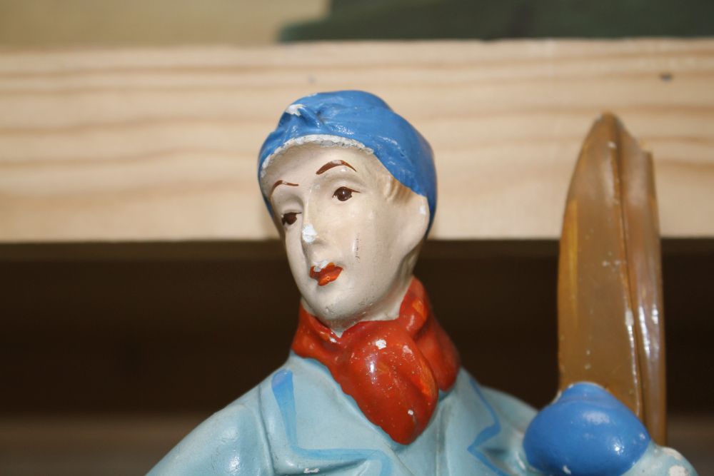 A 1930s painted plaster model of a skier, height 33cm